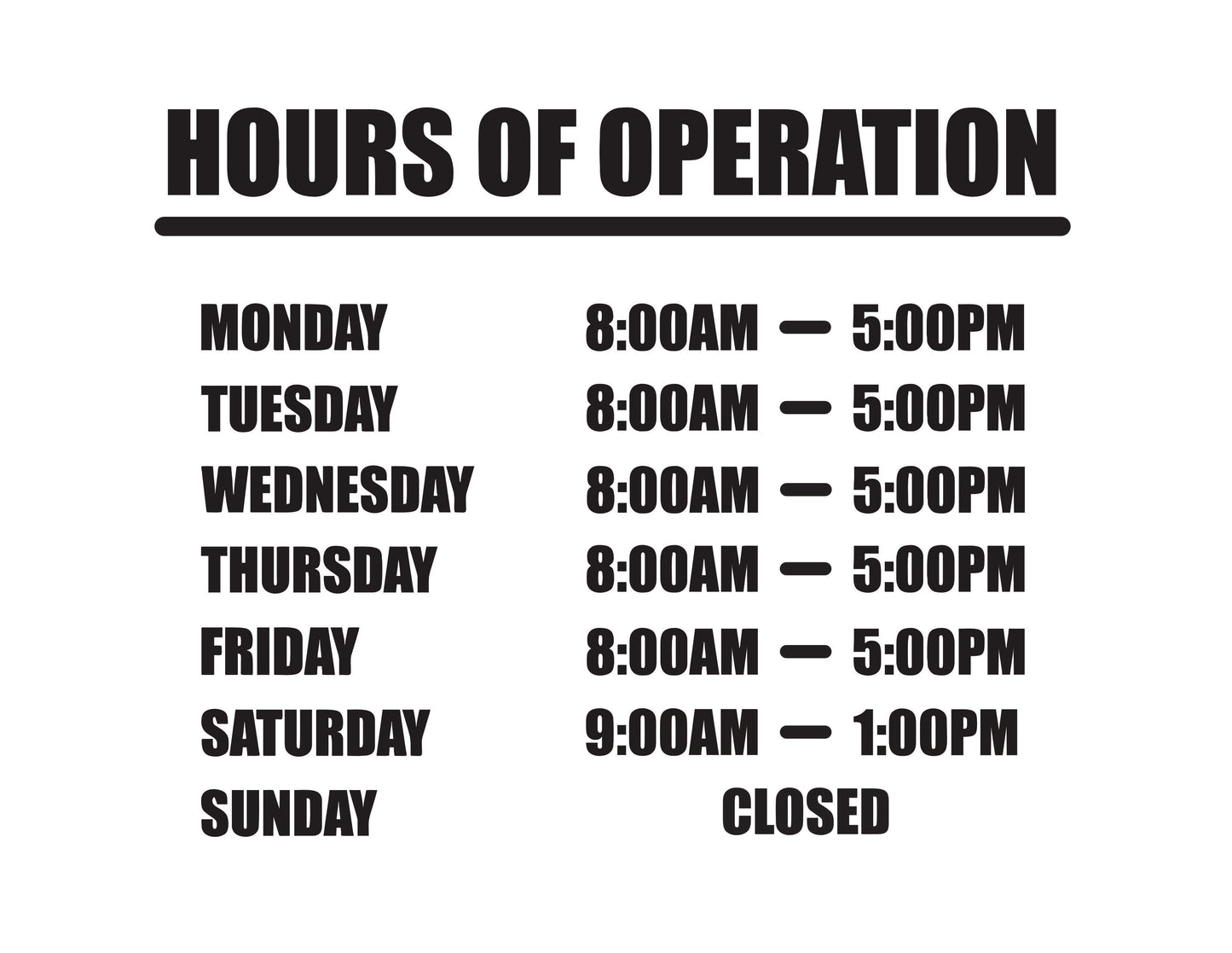 Customizable Hours Of Operation Business Sign Transfer Decal Basic Font Style