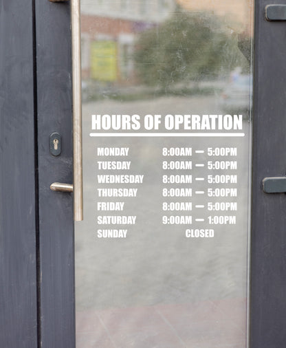 Customizable Hours Of Operation Business Sign Transfer Decal Basic Font Style