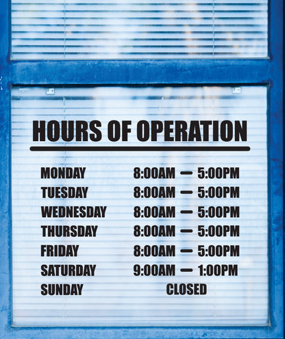 Customizable Hours Of Operation Business Sign Transfer Decal Basic Font Style